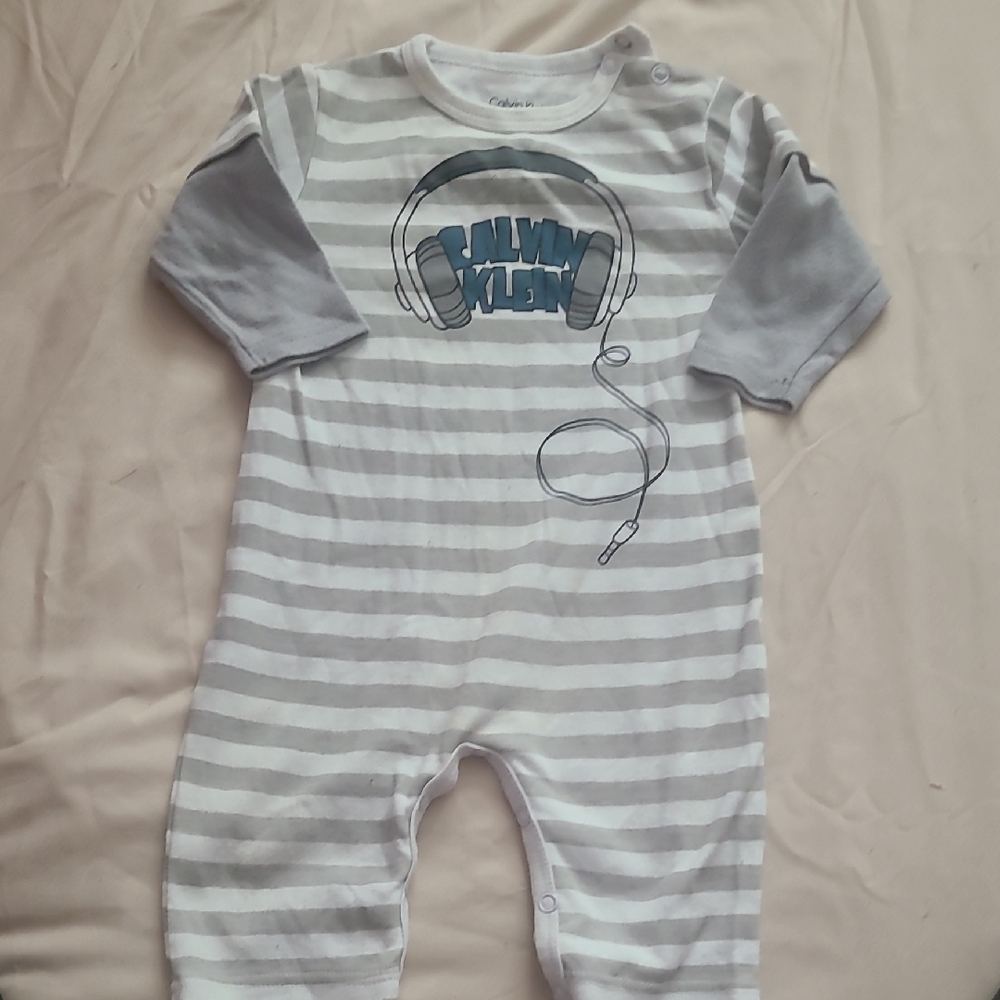 Calvin Klein Kids Gray and White Striped Footie